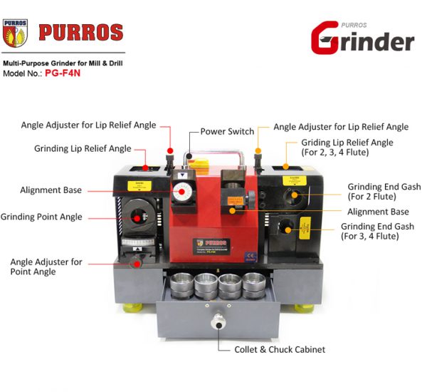 Industrial drill bit sharpener, Complex Grinder of Drill and End Milll, Multi-Purpose Grinder for Mill & Drill, End Mill Sharpening Machine, Drill Bit Grinder, PURROS PG-F4N Multi-Purpose Grinder, Cheap Complex Grinder, Complex Grinder for Sale, Complex Drill Grinder Manufacturer ,Complex End Mill Grinder Supplier