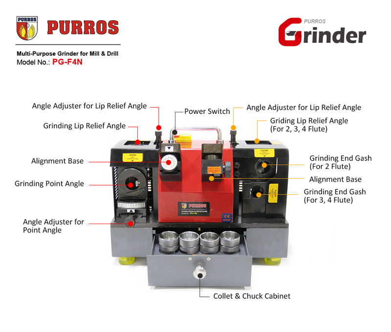 Industrial drill bit sharpener, Complex Grinder of Drill and End Milll, Multi-Purpose Grinder for Mill & Drill, End Mill Sharpening Machine, Drill Bit Grinder, PURROS PG-F4N Multi-Purpose Grinder, Cheap Complex Grinder, Complex Grinder for Sale, Complex Drill Grinder Manufacturer ,Complex End Mill Grinder Supplier